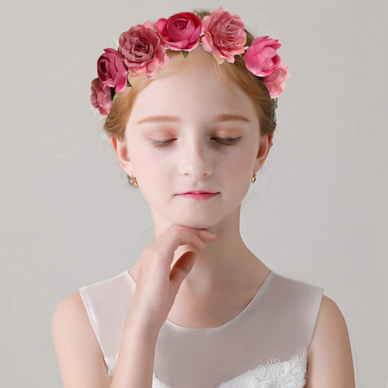 WLBON Flower Crown Headband Rose Wreath Garland Hair Bands Floral Wedding Bridal Hair Hoop Women Ladies Leaf Ribbon Party Decoration Headdress Headwear Christmas Handmade Headpiece Hair Accessories Pink - Image 3
